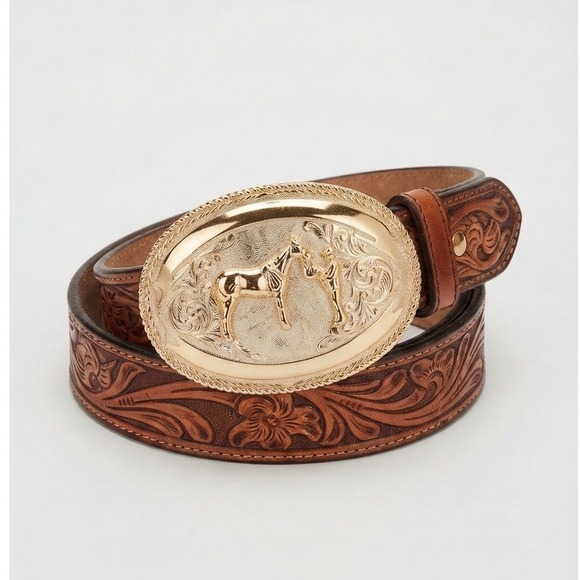 SHEPLERS Other - Sheplers Mens Brown Tooled Leather Western Belt Oversized Horse Trophy Buckle